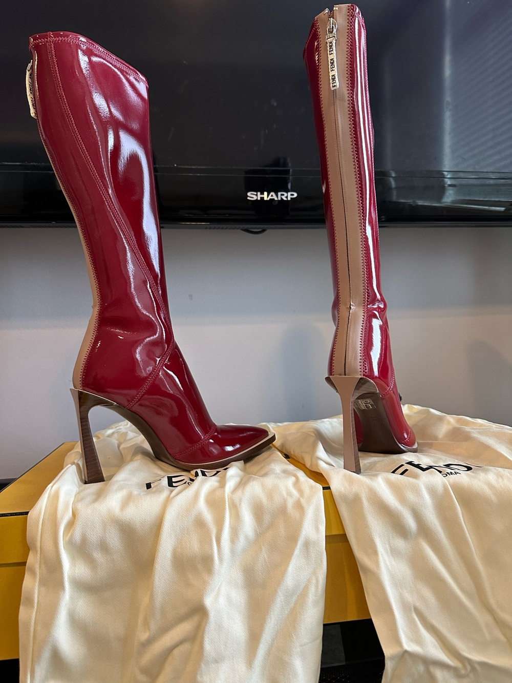 Fendi Red Leather Sculptural Heel Boots Authentic Excellent Condition